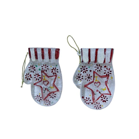 Vintage 3.5x2.5 Glass Christmas Tree Mitten Ornaments Stars Snow Red Set of 2 - Picture 5 of 9